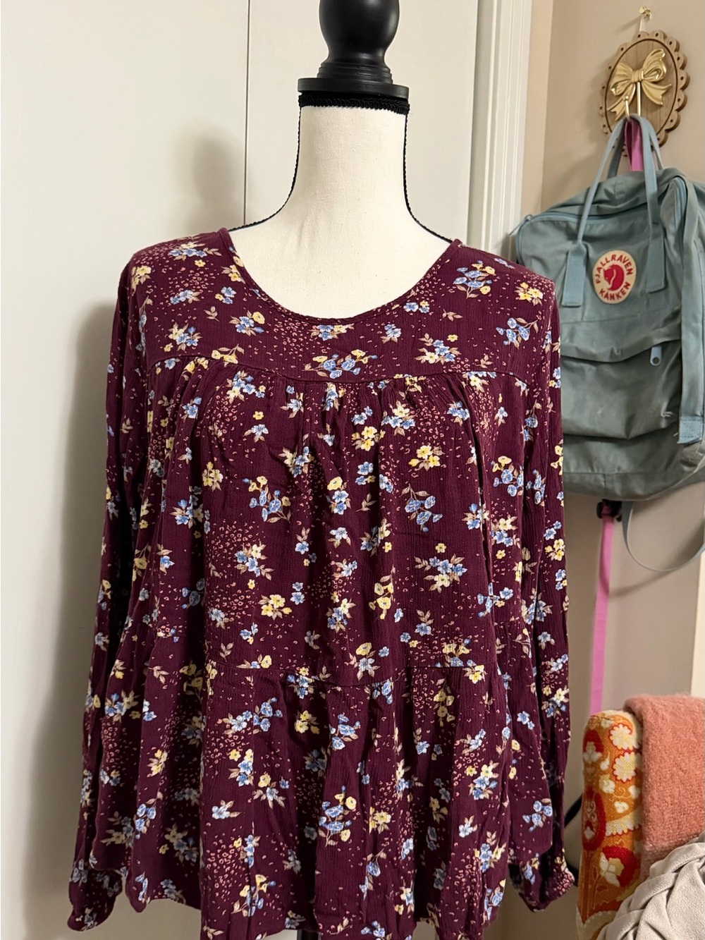 torrid Wine Floral Long-Sleeve Tiered Peasant shirt size 2